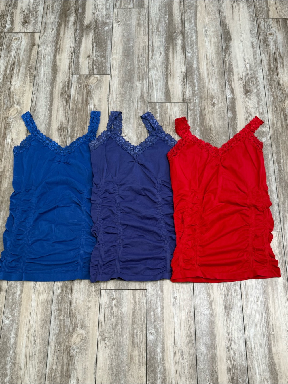 Kismet Lot Ruched Lace Strap Tanks